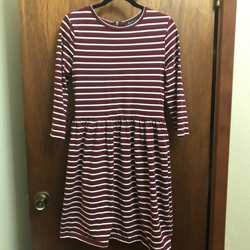 F21 + Burgundy and White Striped Dress